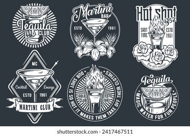 Tequila shot and martini vector set with lime and fire for alcohol cocktail bar or drink party. Vintage and retro emblem design collection for barman or bartender.