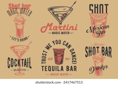 Tequila shot and martini vector set with lime and fire for alcohol cocktail bar or drink party. Vintage and retro emblem design collection for barman or bartender.