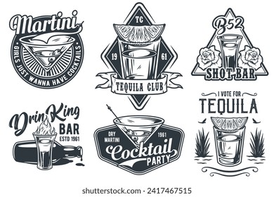 Tequila shot y martini vector set con cal y fuego para cóctel de alcohol bar o fiesta de bebidas. Colección de diseño de emblema vintage y retro para barman o barman.