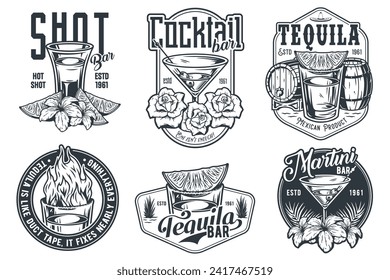 Tequila shot and martini vector set with lime and fire for alcohol cocktail bar or drink party. Vintage and retro emblem design collection for barman or bartender.