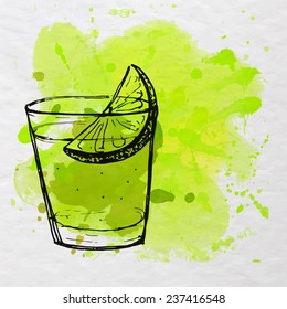 Tequila shot sketched on paper with green watercolor splash. Vector illustration. 