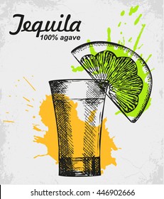 Tequila shot sketched on paper with green and yellow watercolor splash. Vector illustration.