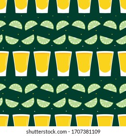 Tequila Shot And Slices Of Lime Vector Cartoon Style Seamless Pattern Background.