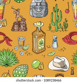 Tequila shot vector mexican alcohol in bottle drink with lime and salt in taqueria in Mexico illustration set of tropical beverage and cactus seamless pattern background