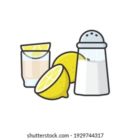 Tequila in shotglass, lemons and salt shaker isolated vector illustration for Tequila Day on July 24th. Drinking ritual symbol.