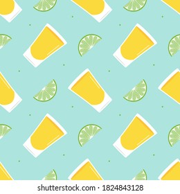 Tequila shots and slices of lime vector seamless pattern background.
