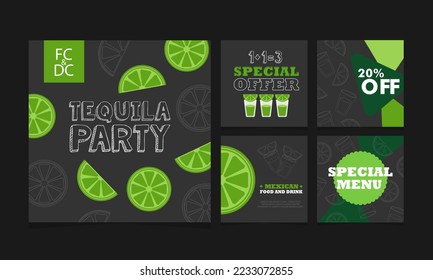 Tequila shots, special offer. Collection of square banners for social networks. Promo vector illustration. Mexican restaurant. Special menu