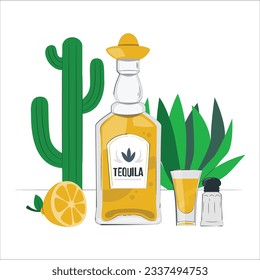 Tequila sketch vector illustration. Bar menu, label or package design. Bottle, shot glass, cactus, agave isolated. Tequila vector. Bottle of tequila on a white background. 2179