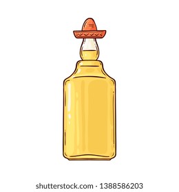 Tequila in a sombrero, traditional alcoholic Mexican drink in a bottle. A bottle of tequila, an alcoholic liquid in the bar. Hand drawn vector illustration on white background in sketch style.