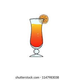 Tequila Sunrise alcohol cocktail in glass with orange slice. Vector illustration isolated on white background. Classic cocktail. Hand sketched composition made for menu design, bar, restaurant, print.