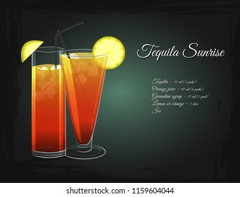 Tequila Sunrise alcohol coctail vector set