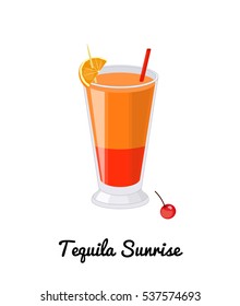 Tequila Sunrise alcoholic cocktail with garnish in cartoon style isolated on white background.