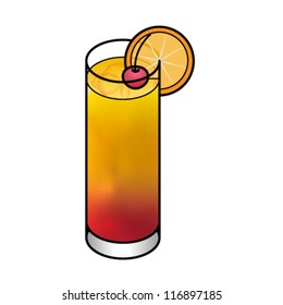 A tequila sunrise with a cherry and slice of orange.