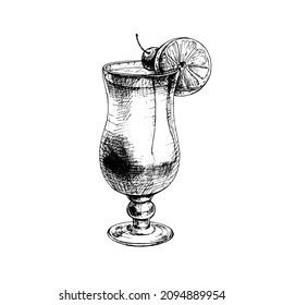 Tequila sunrise cocktai with cherry and slice orange. Vector vintage hatching black illustration. Isolated on white background. Hand drawn design
