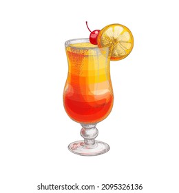 Tequila sunrise cocktai with cherry and slice orange. Vector vintage hatching black illustration. Isolated on white background. Hand drawn design