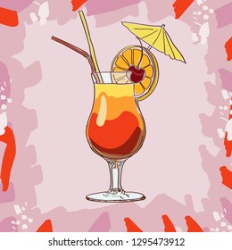 Tequila sunrise cocktail. Alcoholic bar drink hand drawn vector. Pop art