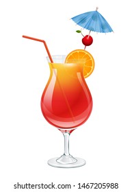 Tequila sunrise cocktail with cherry, slice of orange, party umbrella and red straw tube decoration. Isolated on white background vector illustration.