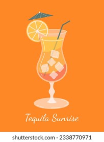 Tequila sunrise cocktail concept. Tasty liquid and beverage for summertime. Cold drink with citrus. Template, layout and mock up. Cartoon flat vector illustration isolated on orange background