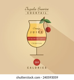 tequila sunrise cocktail drink recipe vector illustration in trendy retro hipster flat design style