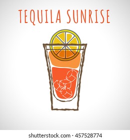 Tequila sunrise cocktail in glass with lemon slice and drinking straw isolated on white background vector illustration