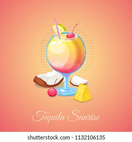 Tequila Sunrise Cocktail in Glass with Lime Slice, cherry, straw and a coconut. Vector Illustration.