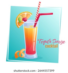 Tequila cocktail do nascer do sol em um copo, fatia laranja, cereja em um fundo azul. O conceito de festa, bar de coquetéis, verão. Ilustração vetorial isolada para design de menu, cartazes, banners, capas