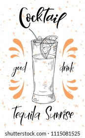 Tequila Sunrise cocktail. Hand drawn drink on white background. Vector illustration.