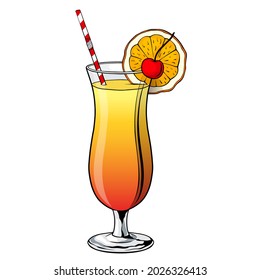 Cóctel de amanecer de Tequila, bebida alcohólica a mano con rebanada de naranja y cereza roja. Ilustración del vector sobre fondo blanco