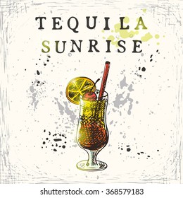 Tequila Sunrise Cocktail. Hand Drawn Vector Illustration.