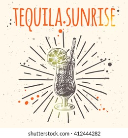 Tequila sunrise cocktail. Hand drawn vector illustration. Freehand drink card for cafe, restaurant or bar. Can be used for menu, background, poster, banner, emblem, sticker, placard and other design.