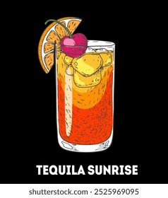Ilustração do coquetel do nascer do sol de Tequila. Esboço desenhado à mão. Ilustração vetorial. Objeto isolado.