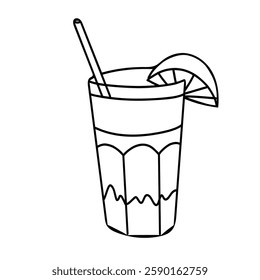 Tequila Sunrise Cocktail illustration. Hand drawn sketch. Vector illustration of alcohol drink with orange slice and straw in Doodle style. For cocktail bar menu, logo or drink summer party