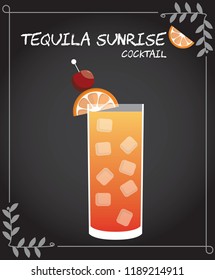 Tequila Sunrise Cocktail Illustration in vector with orange wedge and cherry.