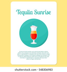 Tequila Sunrise cocktail menu item or sticker. Party drink in circle icon. Vector illustration