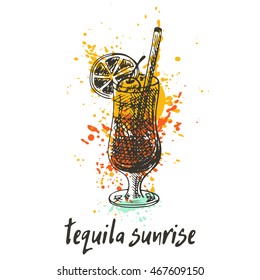 Tequila sunrise cocktail on the watercolor splash. Hand drawn vector illustration. Can be used for menu, cafe, restaurant or bar.