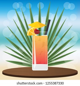 Tequila Sunrise cocktail on wooden classic  tray , on blurred background with bokeh vector illustration for web and print, invitation and menus for bar