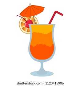 Tequila Sunrise Cocktail - Orange drink with cocktail umbrella, cherry, orange slice, and straw