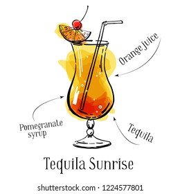 Tequila Sunrise cocktail recipe description with ingredients. Vector colorful  sketch outline hand drawn illustration