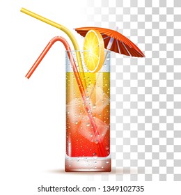 Tequila Sunrise Cocktail Served In The Slightly Highball Glass With Straws, Umbrella, Orange And Ice Cubes. Front View. 3d Photo Realistic Vector Illustration Isolated On Transparent Background