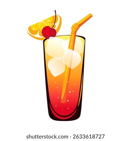 Tequila Sunrise cocktail. Summer alcoholic cocktail. Refreshing tropical drink with orange slice, ice cubes and cherry. Vector illustration.