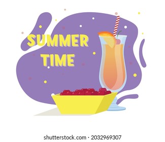 Tequila Sunrise cocktail. Summer drink. Plate with cherries. Flat vector illustration