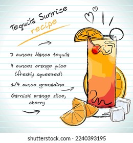 Tequila Sunrise cocktail, vector sketch hand drawn illustration, fresh summer alcoholic drink with recipe and fruits	
