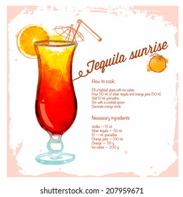 Tequila sunrise cocktails drawn watercolor.Recipes and ingredients on the background. Cocktails for your menu, parties, holidays.Vector series the author's work.