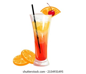 Tequila Sunrise cocktail.Summer alcoholic cocktail. Refreshing tropical drink with a slice of orange, ice cubes and cherries.Vector illustration.The concept of drinks.