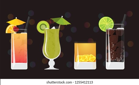  Tequila Sunrise, Kiwi Mojito, Tiger juice and Cuba libre cocktails on black mirrored background with bokeh. Vector illustration for web and print,  party invitation or menu decoration