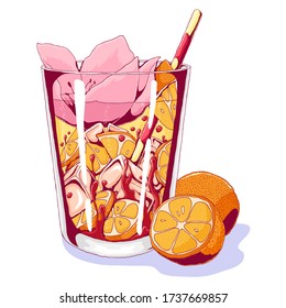 Tequila sunrise with orange fruits and tropical flower. Vector hand drawn illustration of popular beach cocktail isolated on white background.  Party, celebration concept. modern style, trendy objects