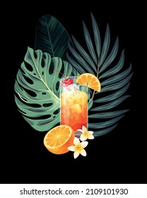 Ilustración vectorial de la salida de sol de Tequila y la hoja de palma