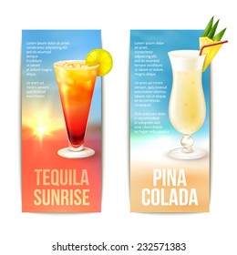 Tequila sunrise pina colada cocktails vertical banner set isolated vector illustration