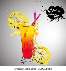 Tequila sunrise realistic cocktail in glass with lemon slice and drinking straw isolated on white background vector illustration