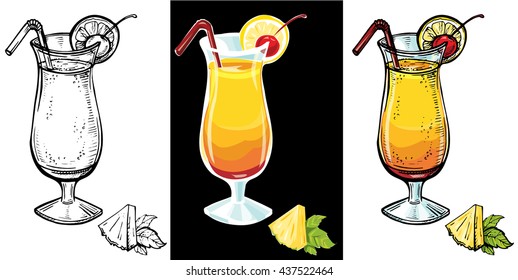 Tequila sunrise realistic cocktail.Vector hand drawn sketch illustration of cocktail glass
